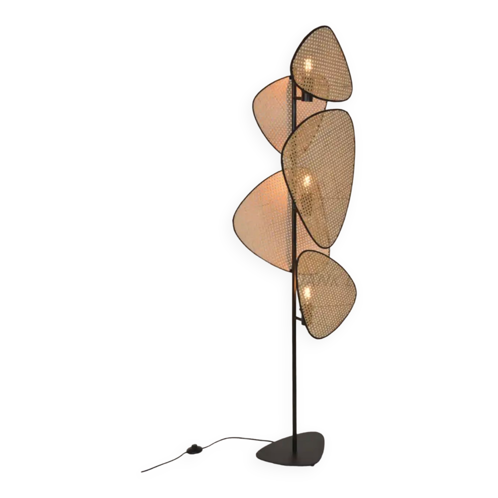 3-light floor lamp in natural cane and black metal 179x50 cm