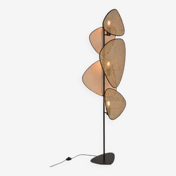 3-light floor lamp in natural cane and black metal 179x50 cm