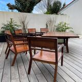 Rectangular dining table set and its suite of 6 armchairs in exotic wood and bamboo.