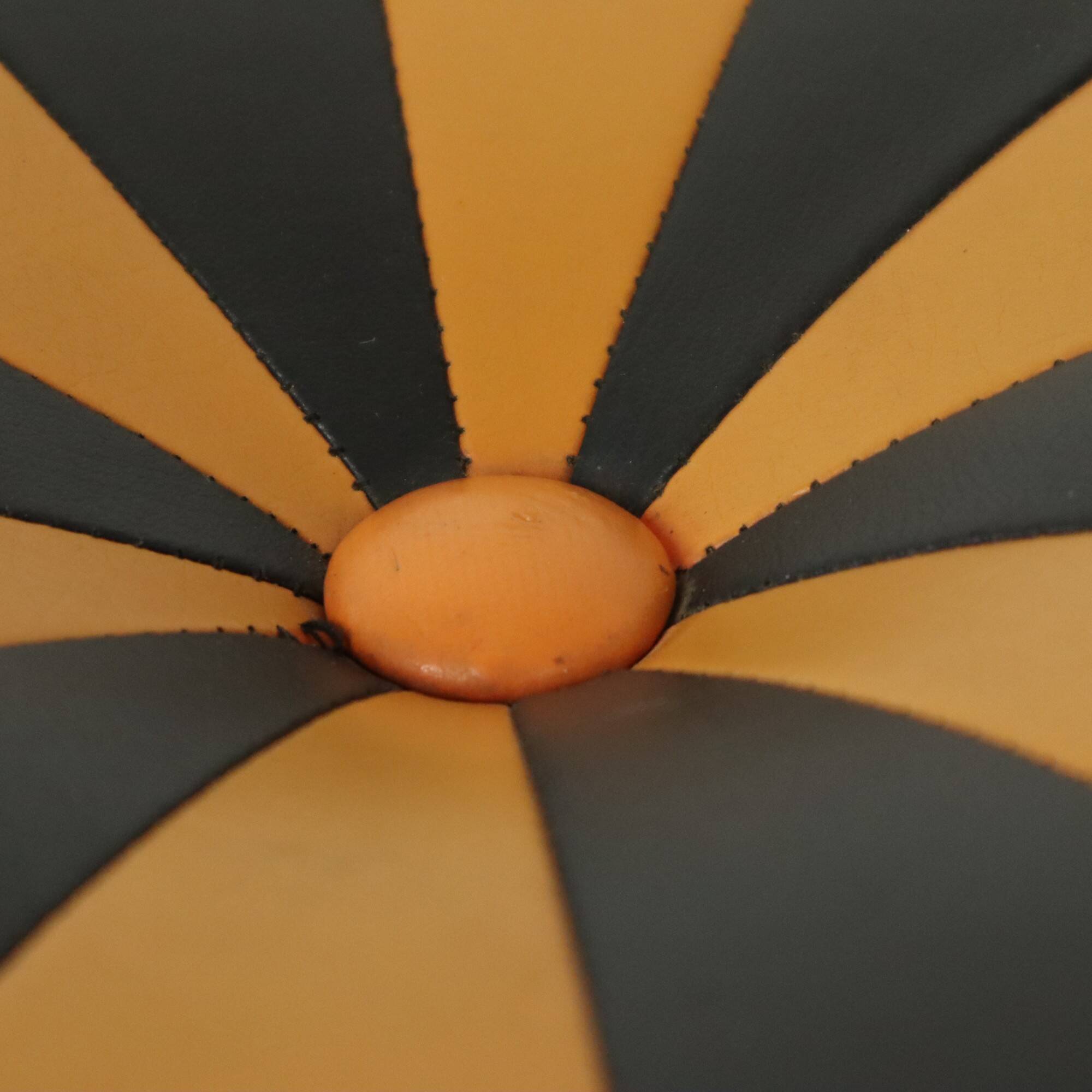 Round Vintage Pouf Orange Black Leatherette 1960s