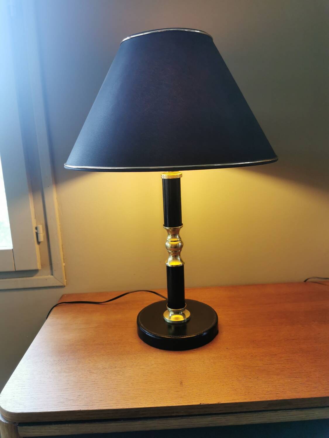 Vintage lamp base in black leather and brass