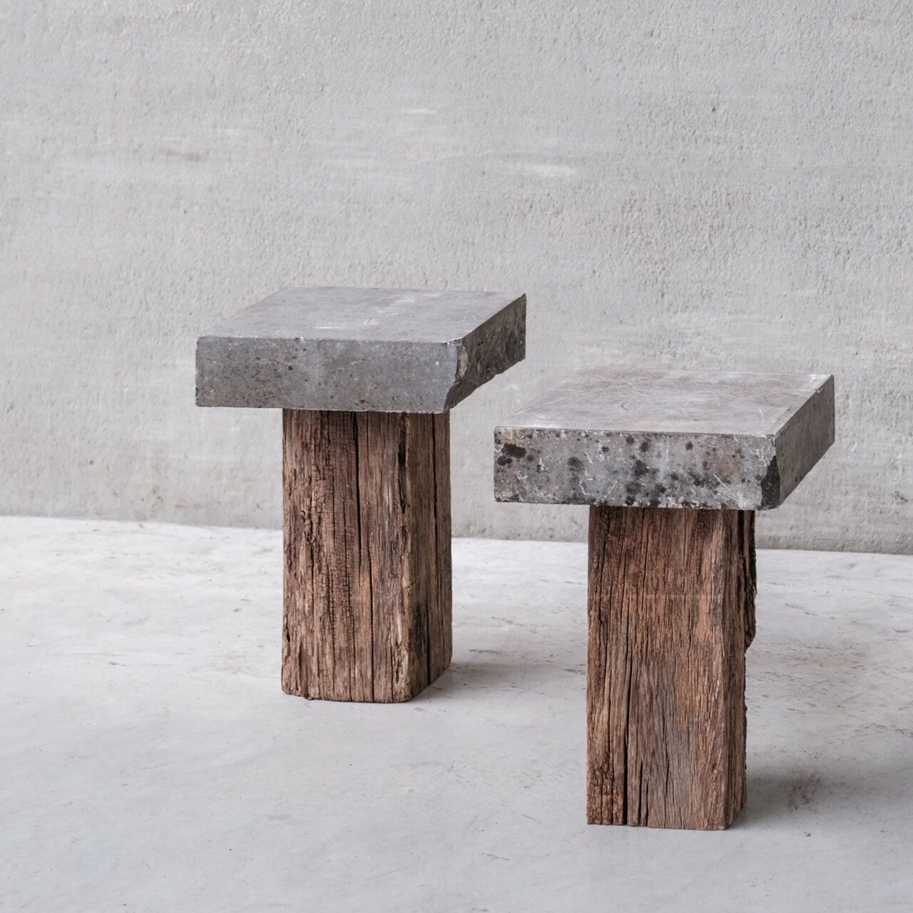 Pair of wooden and stone pedestals or side tables (no.3)