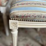 Pair of Louis XVI style chairs in painted wood and satin, classic elegance.