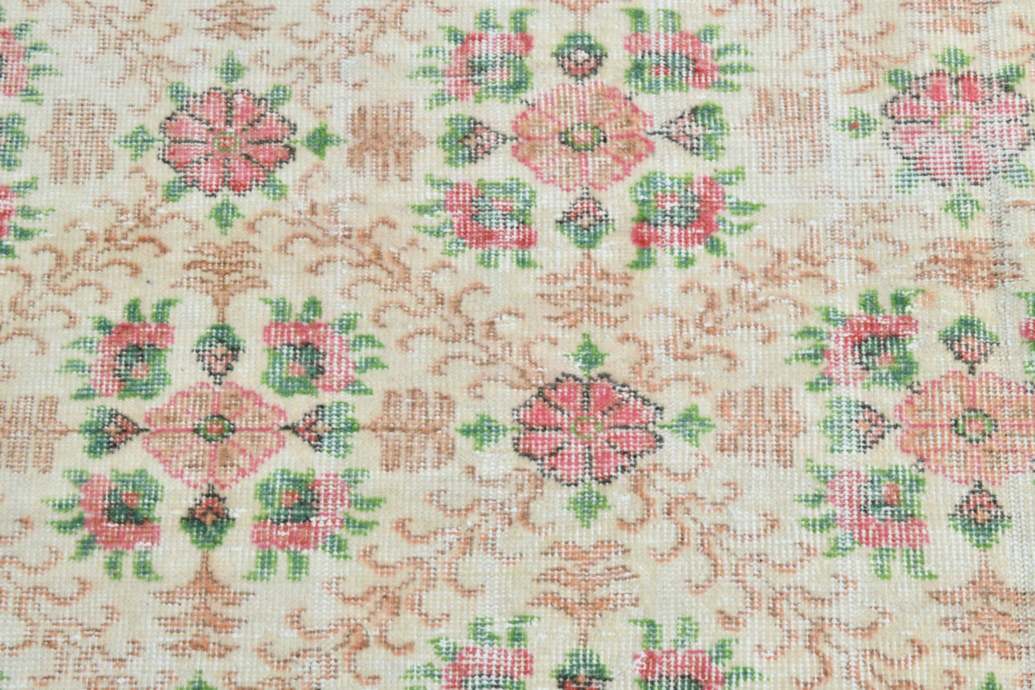 6x10 Vintage Beige & Powder Pink Floral Handmade Vintage Rug, 186x295 Cm