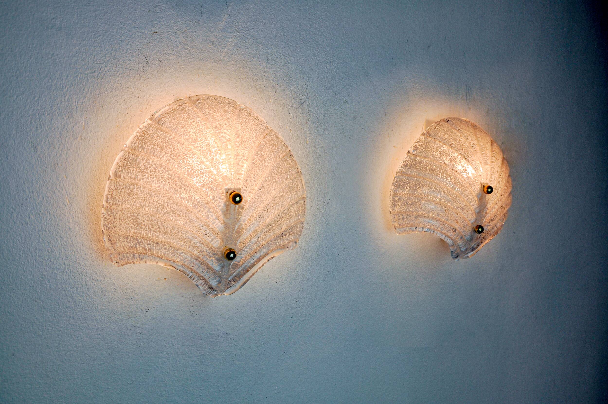 Pair of XL shell wall lights, frosted Murano glass, Italy, 1980