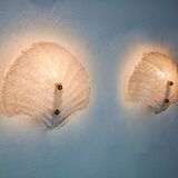 Pair of XL shell wall lights, frosted Murano glass, Italy, 1980