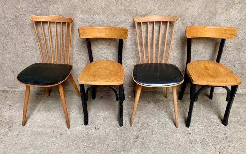 Series of 4 old wooden bistro chairs