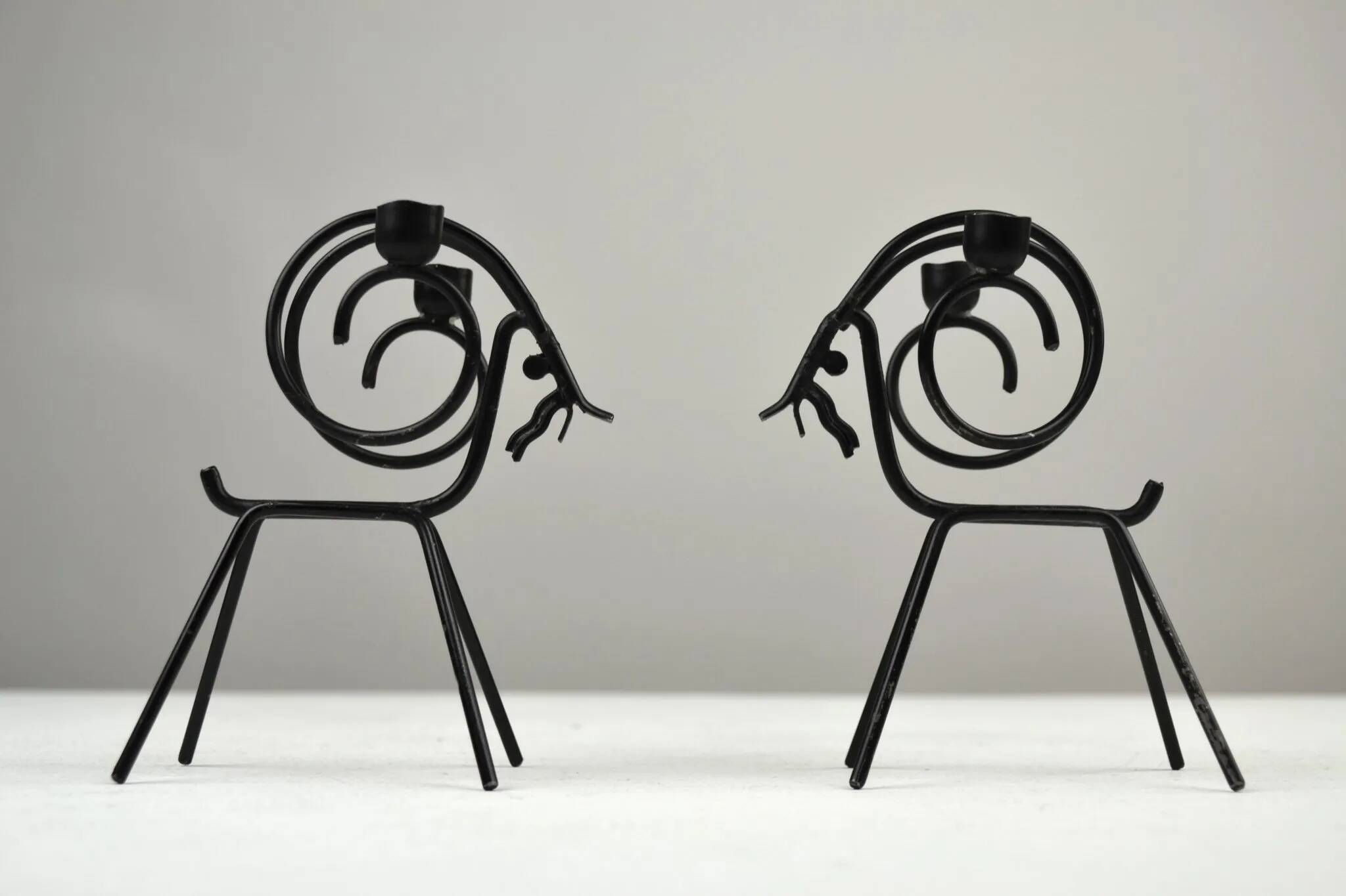 Pair of Black Metal Goat Candleholders — Gunnar Ander for Ystad-Metall, Sweden, 1960s