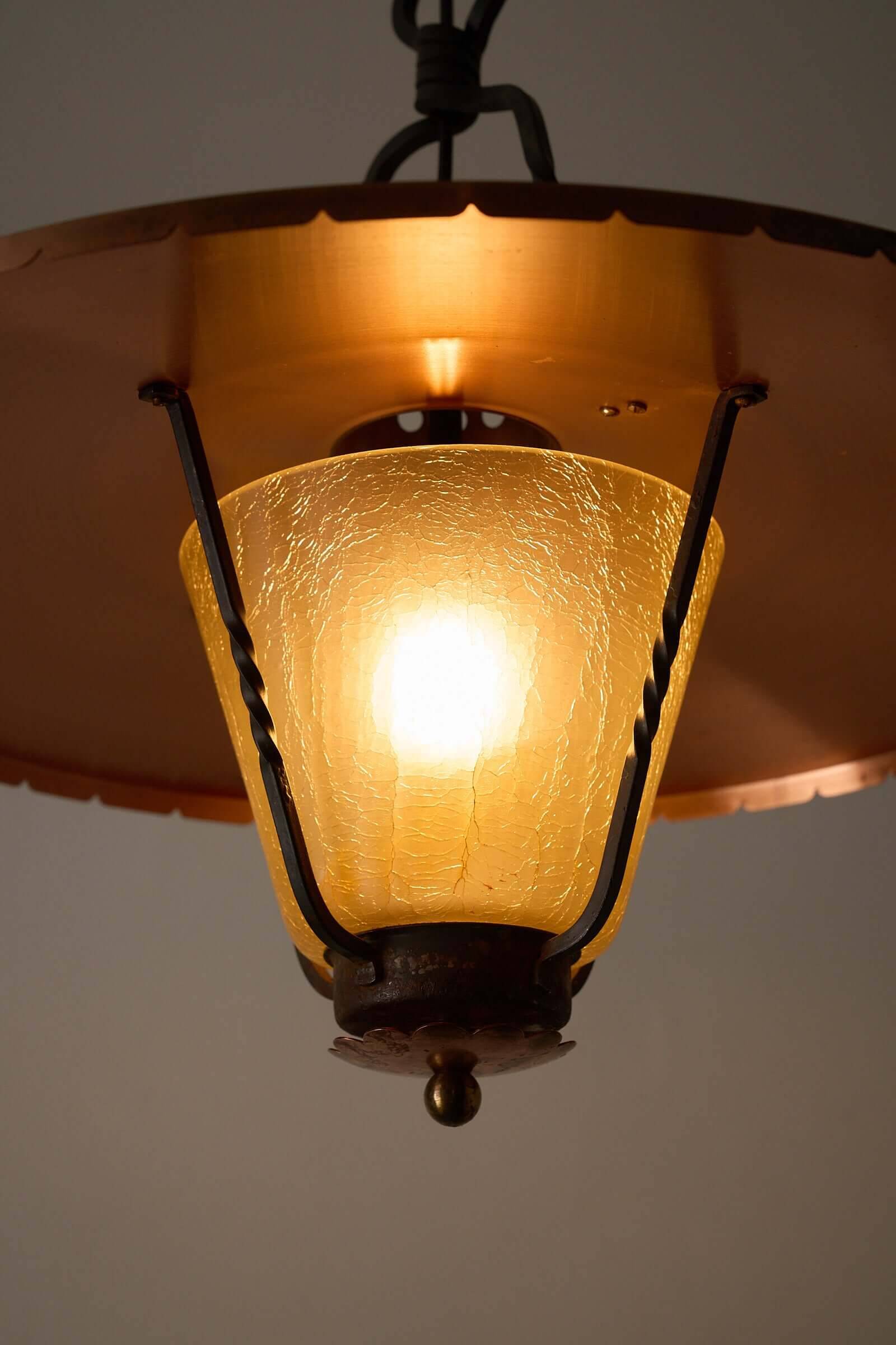 Wrought iron and copper pendant lamp with textured glass diffuser