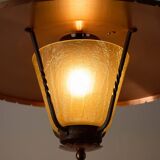 Wrought iron and copper pendant lamp with textured glass diffuser