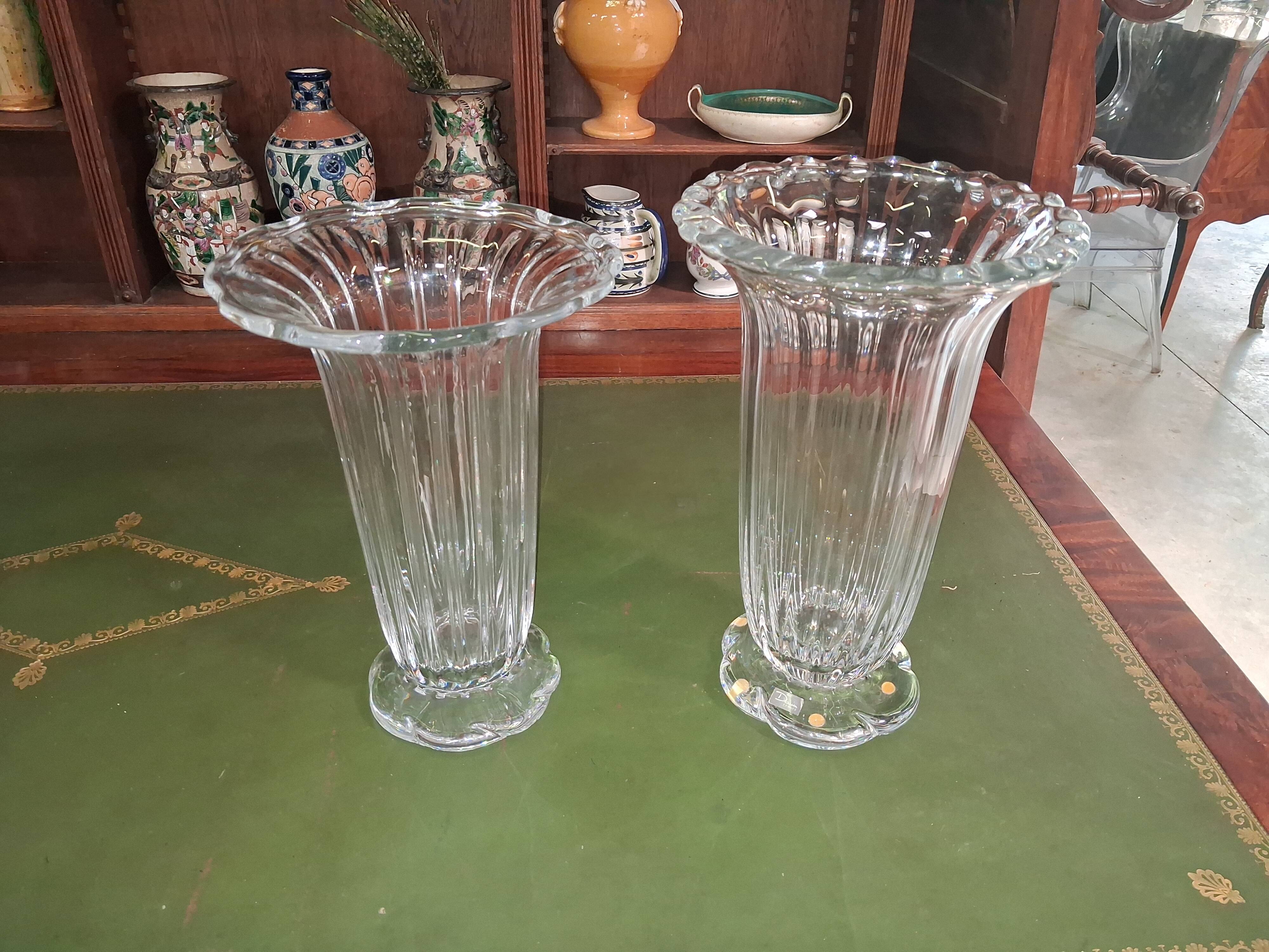 Pair of Daum France crystal cornets vases – Twisted ribbed model