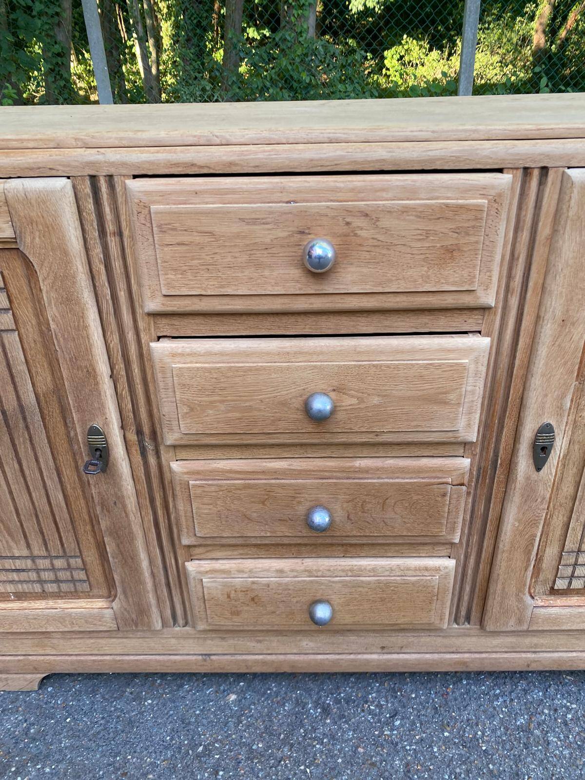 Enfilade Art Deco buffet by Charles Dudouyt, stripped in solid oak, 1930.