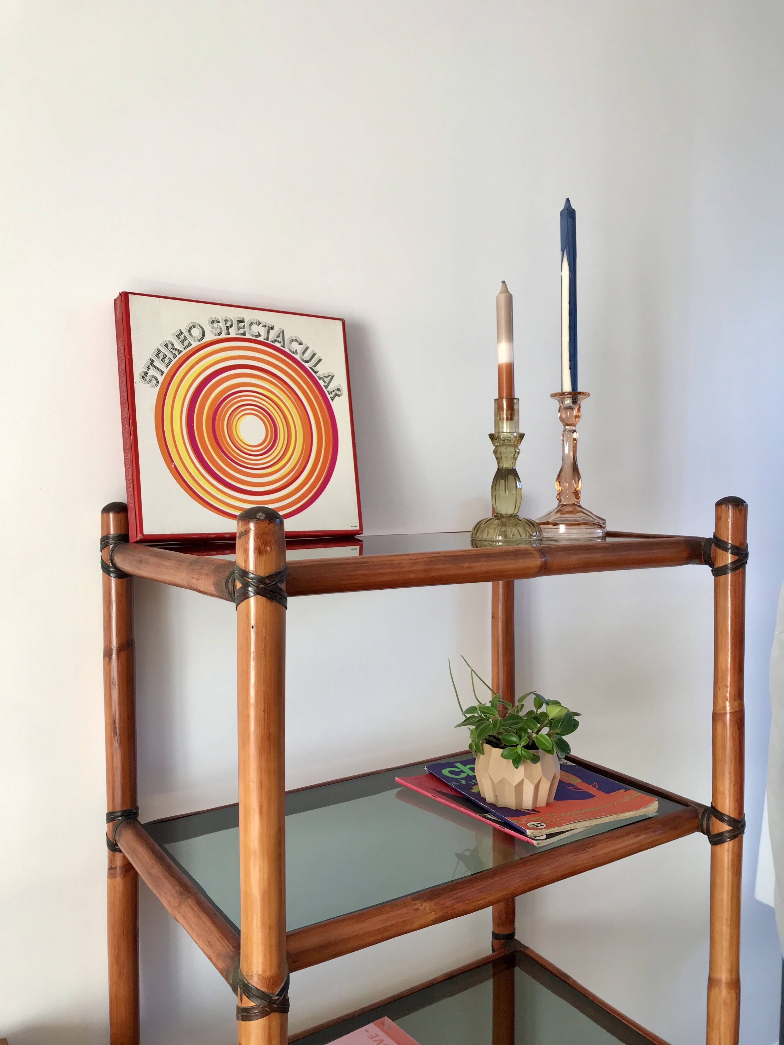 Large rattan shelf, leather strips and smoked glass 70s-80s