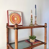 Large rattan shelf, leather strips and smoked glass 70s-80s