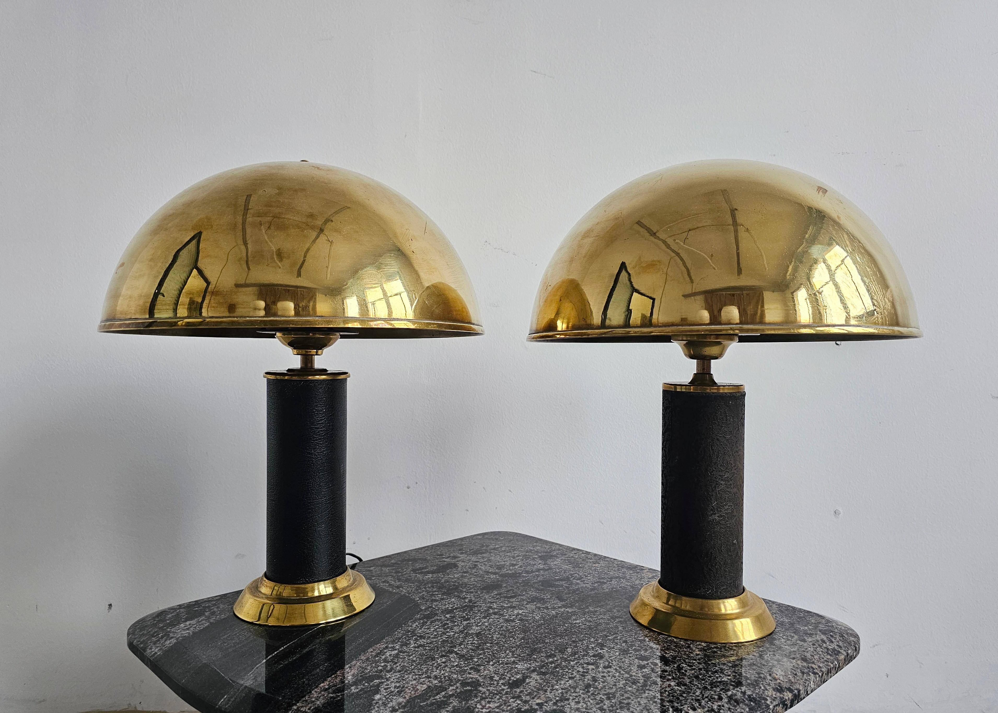 Pair of Mid Century Modern table lamps in brass and leather 1960