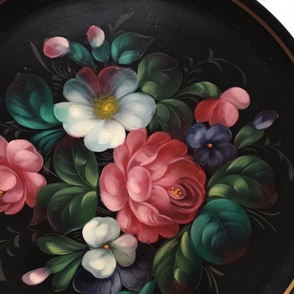 Tray style Bohemian vintage metal 1970, floral handpainted, original Russia.