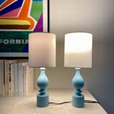 Pair of sky blue Philippe Capelle bedside lamps in turned wood - 1970.