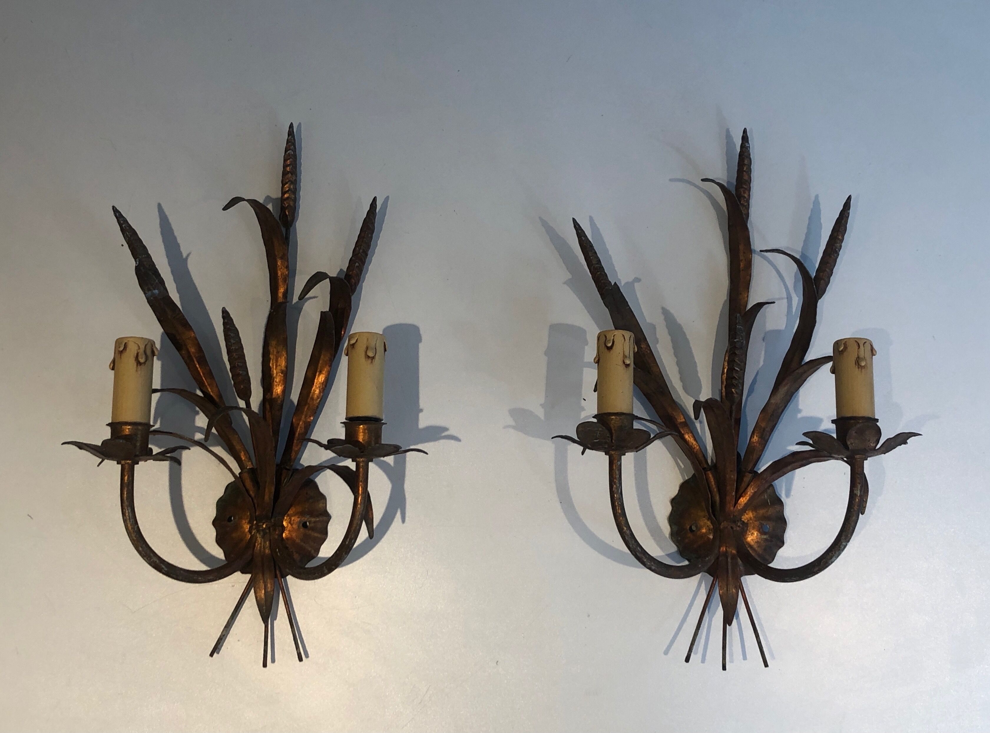 Pair of Coco Channel Style Wall Lamps in Golden Metal with Wheat Epis. French work. Around 1970
