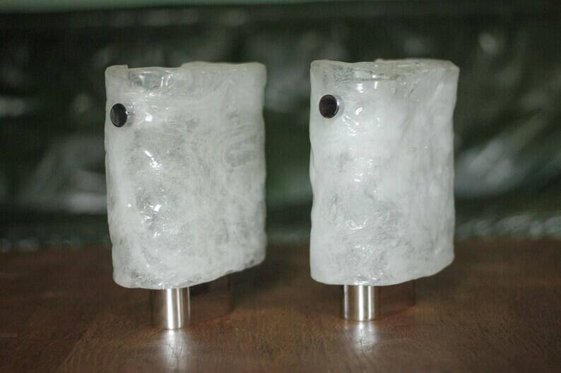 Pair of chrome wall sconces with Murano glass, wall light, art of glass, interior decoration.