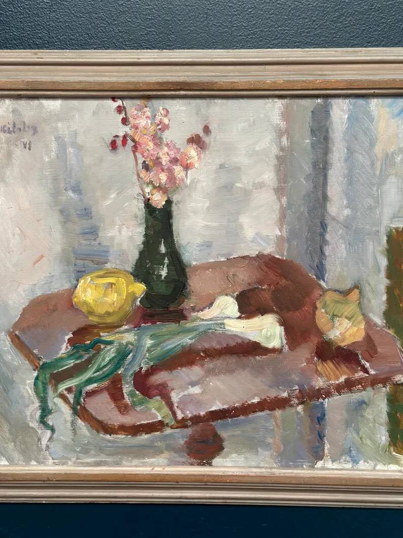 Original Swedish Oil on Panel – "Vase and Vegetables" by Arne Kilsby – Signed – Vintage and Framed – 54 × 46 cm (21.3" × 18.1")