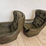 Vintage Dark Green Leather Lounge Armchair: 1970s Scandinavian Style