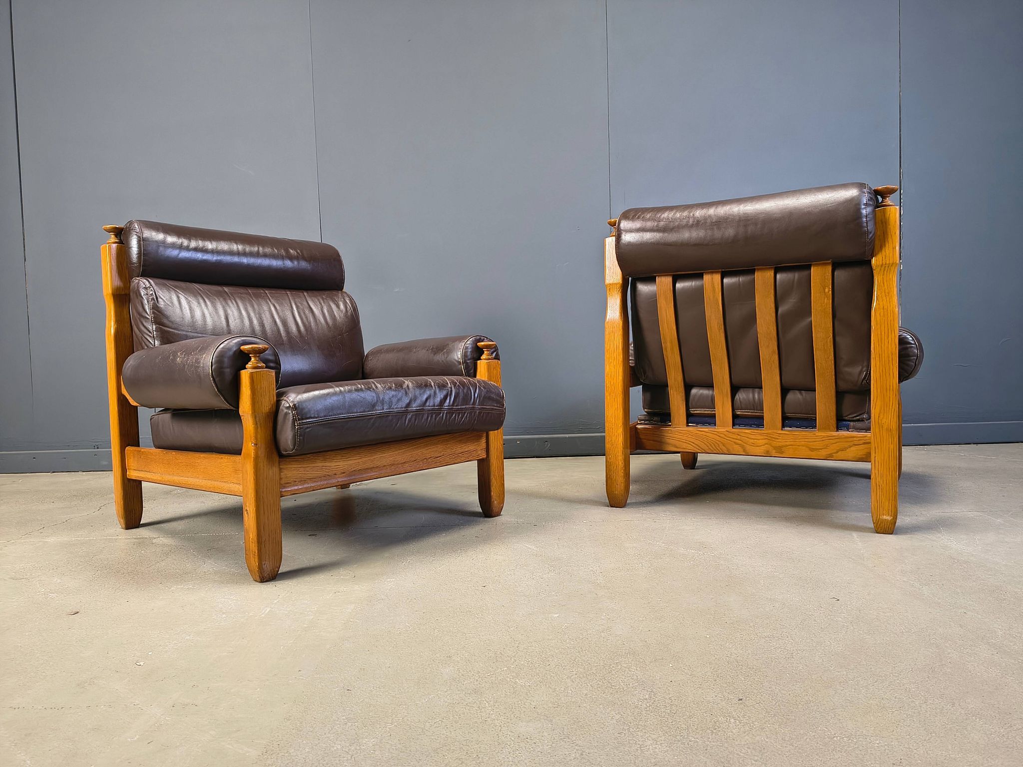 Vintage rustic brown leather and oak armchairs, 1960s - set of 2