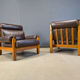 Vintage rustic brown leather and oak armchairs, 1960s - set of 2