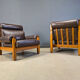 Vintage rustic brown leather and oak armchairs, 1960s - set of 2