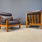 Vintage rustic brown leather and oak armchairs, 1960s - set of 2