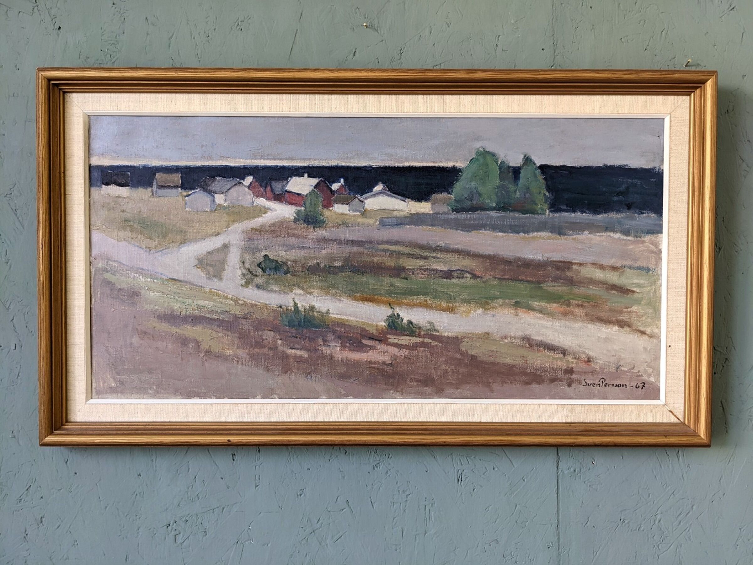 1967 mid-century modern swedish "coastal path" vintage coastal landscape framed oil painting