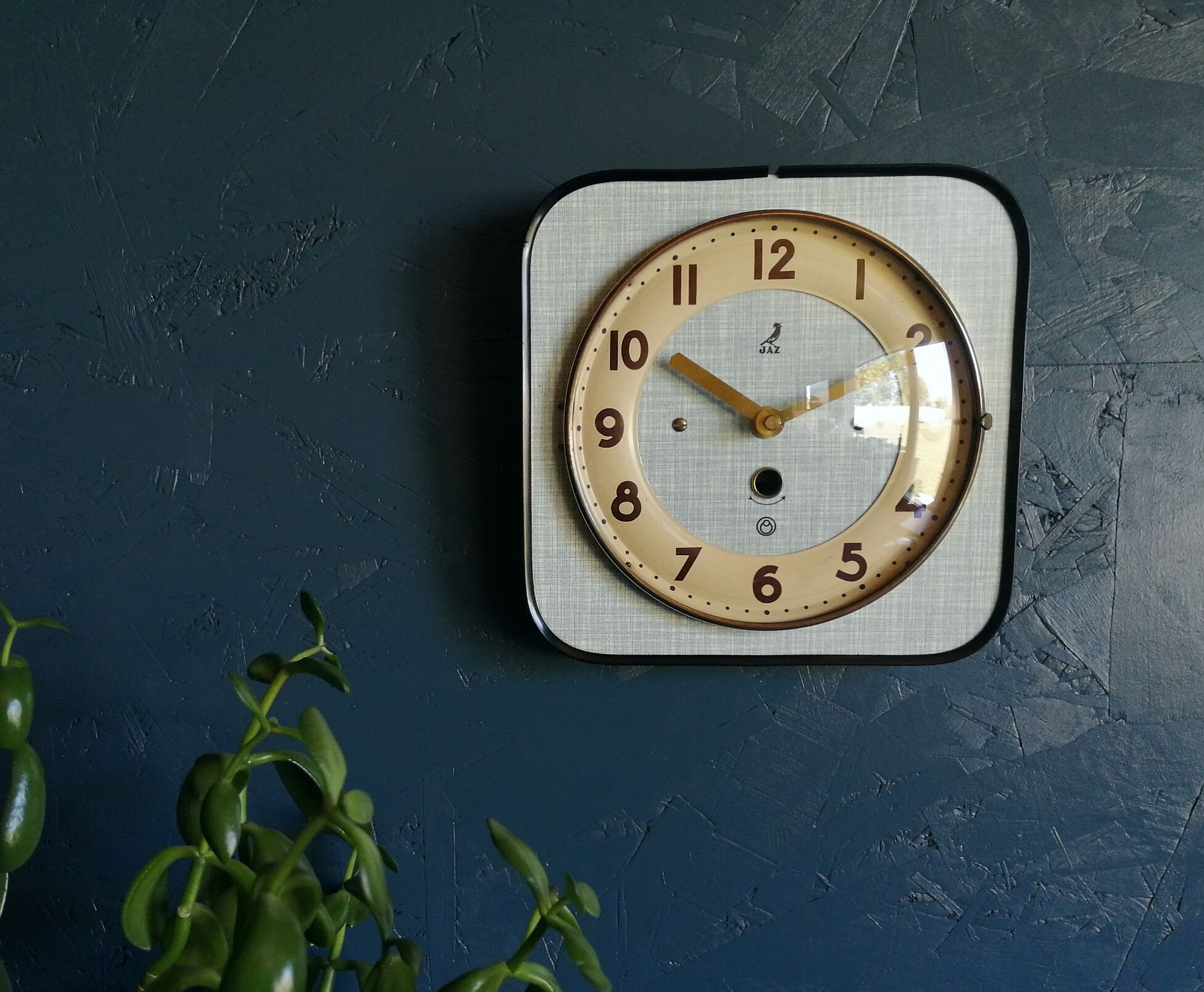 Vintage formica clock square silent wall clock "Jaz Blue"