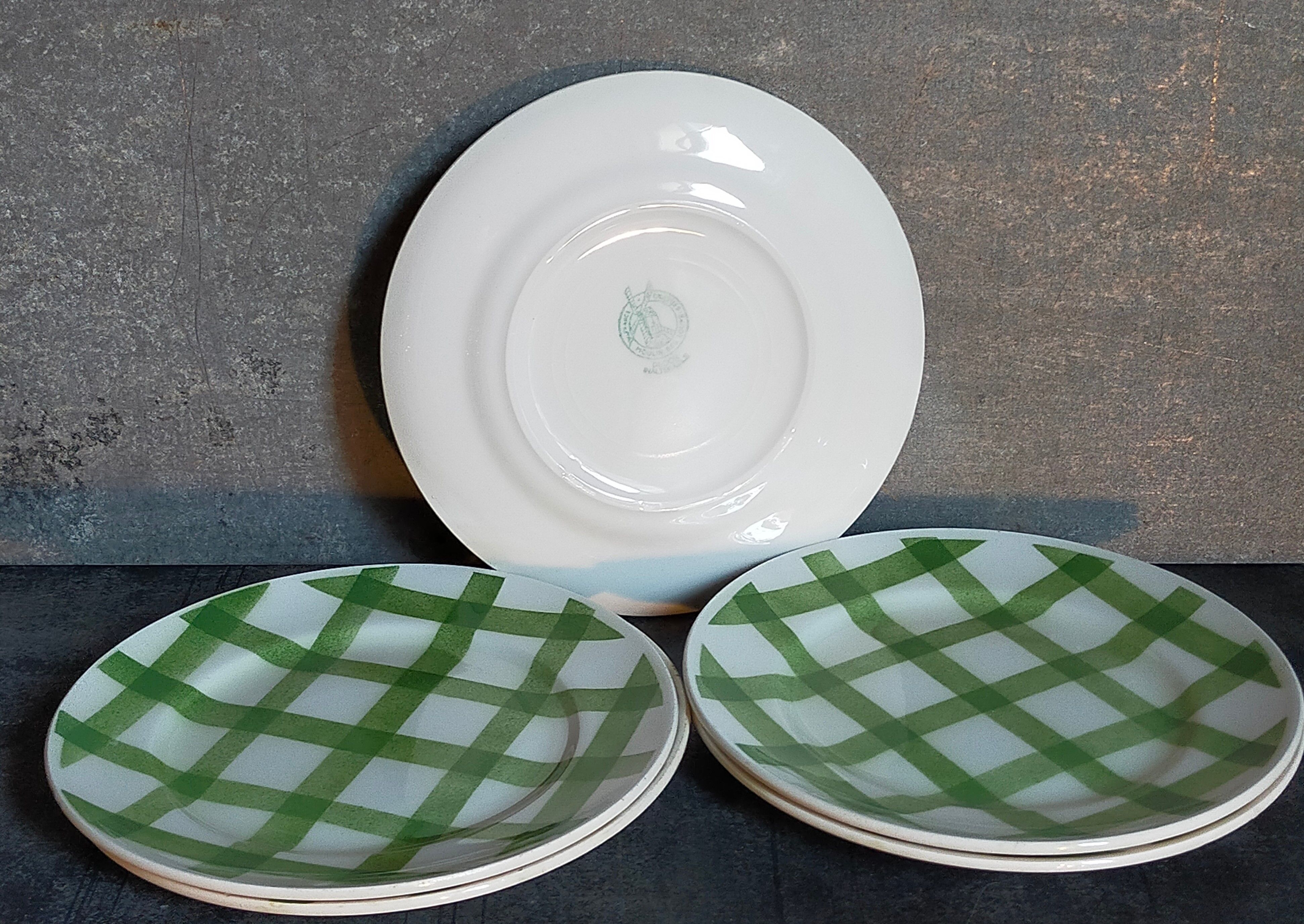 Five dessert plates Orchis-Moulin des Loups vintage checkered décor