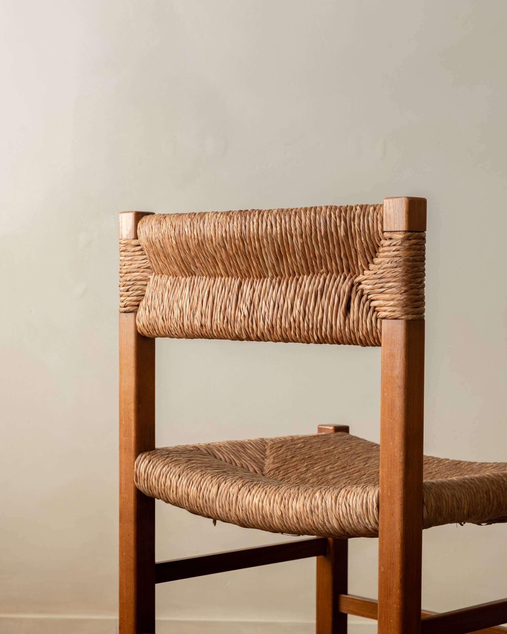 Vintage set of six French mid-century dining chairs in wood and rush, 1960s