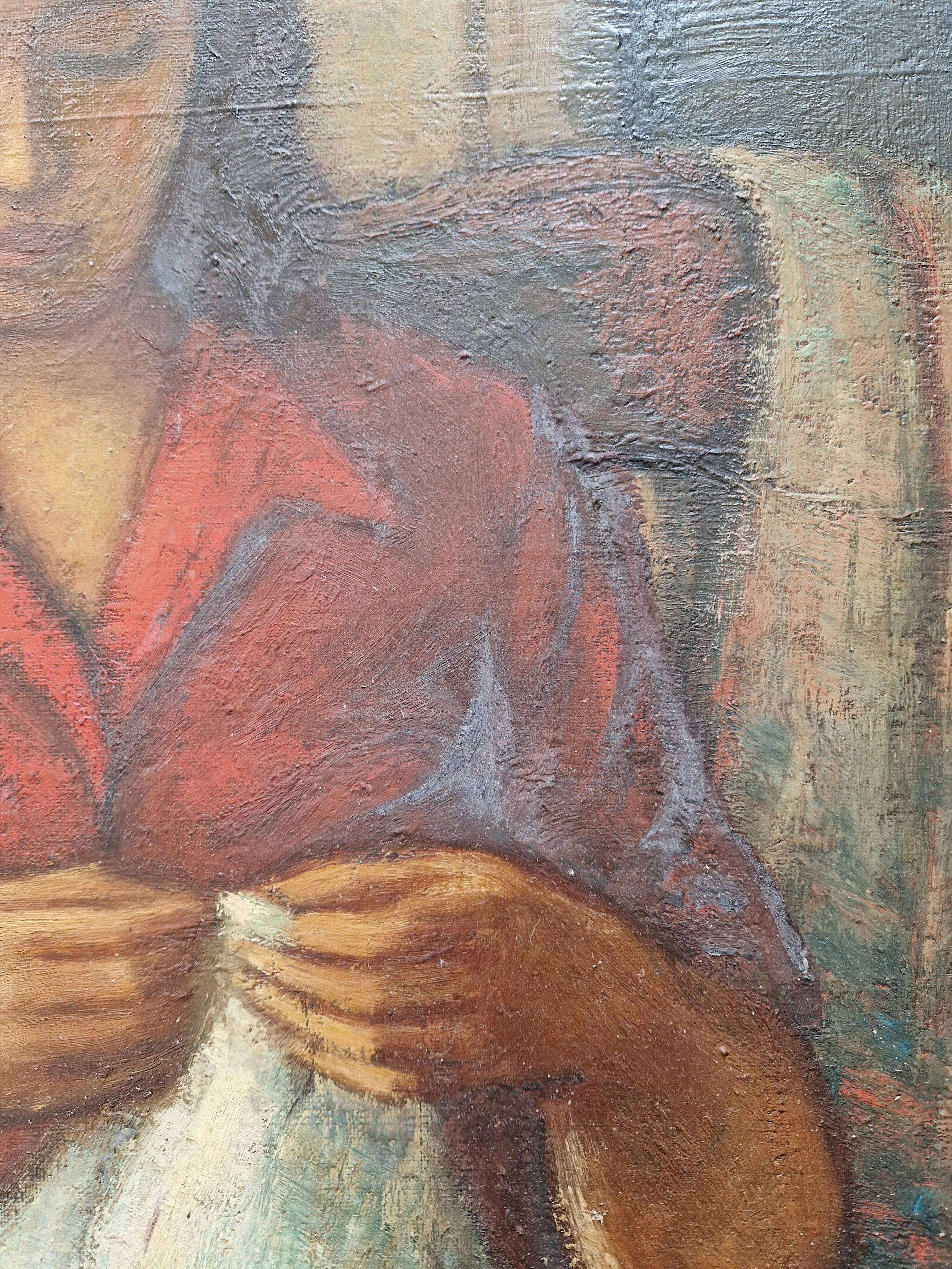 Oil painting, Woman who does sewing