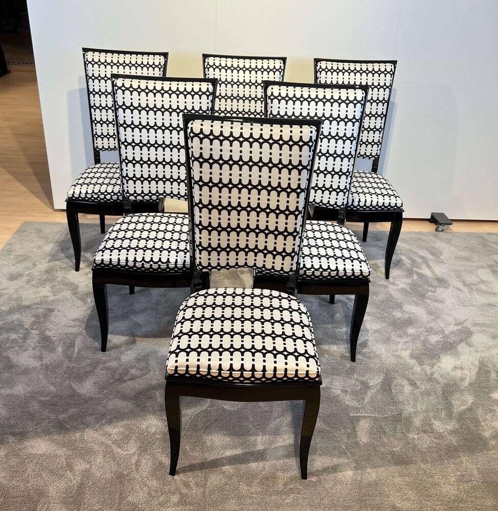 Art Deco High Back Black Lacquered Dining Chairs, France, 1930s, Set of 6