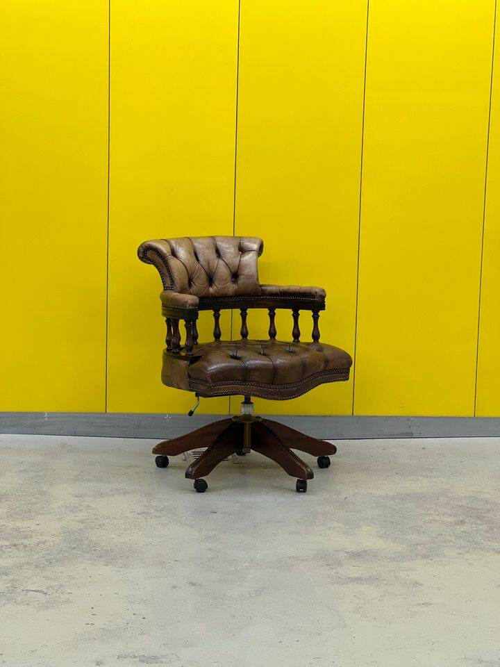 Vintage Chesterfield Revolving Captain's Chair with Brow Leather Upholstery