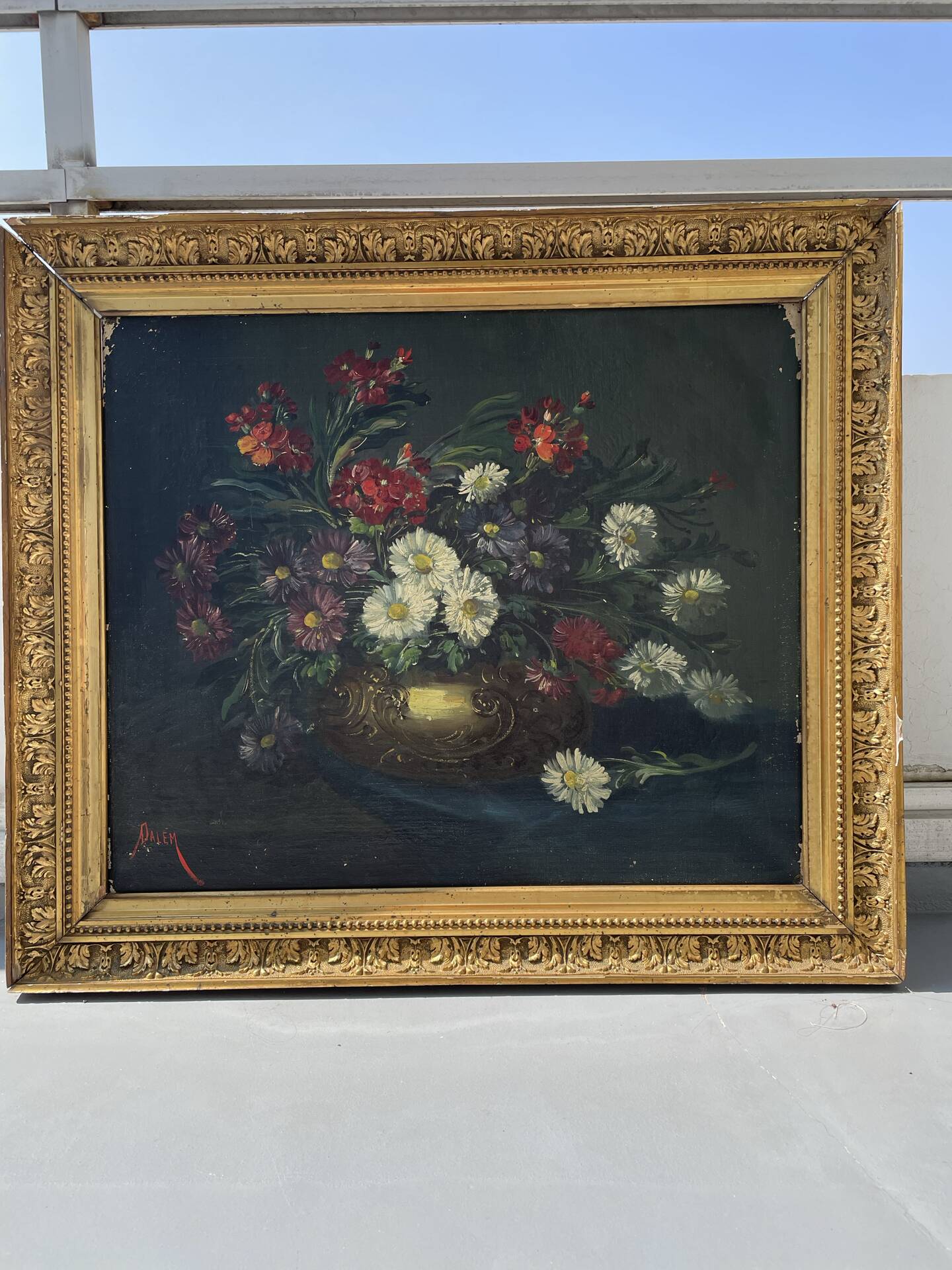Old oil painting – Bouquet of flowers (daisies, asters,