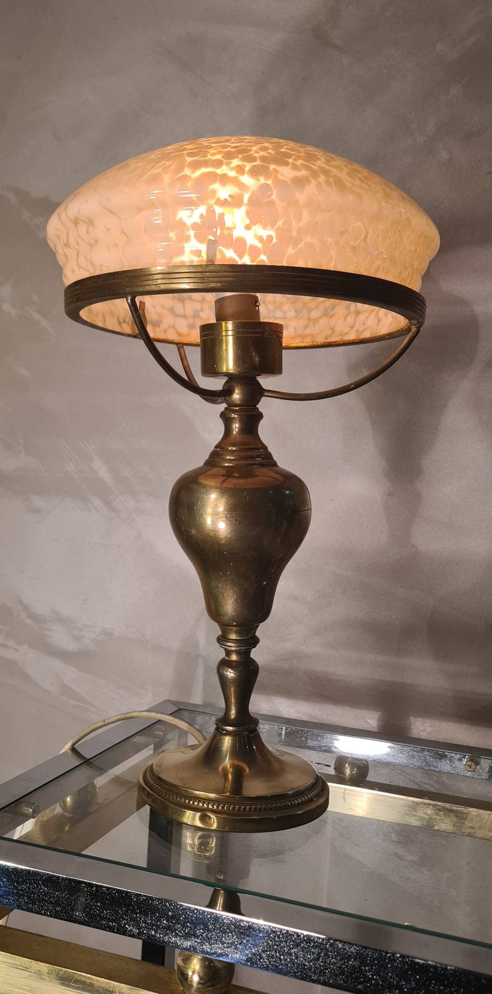 Brass lamp 1930, clichy glass lampshade 35x20, slight mark of use
