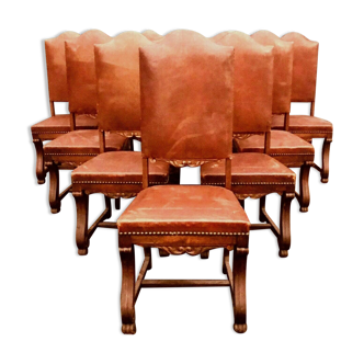 Suite of eight chairs with high backrests of Renaissance style XX century