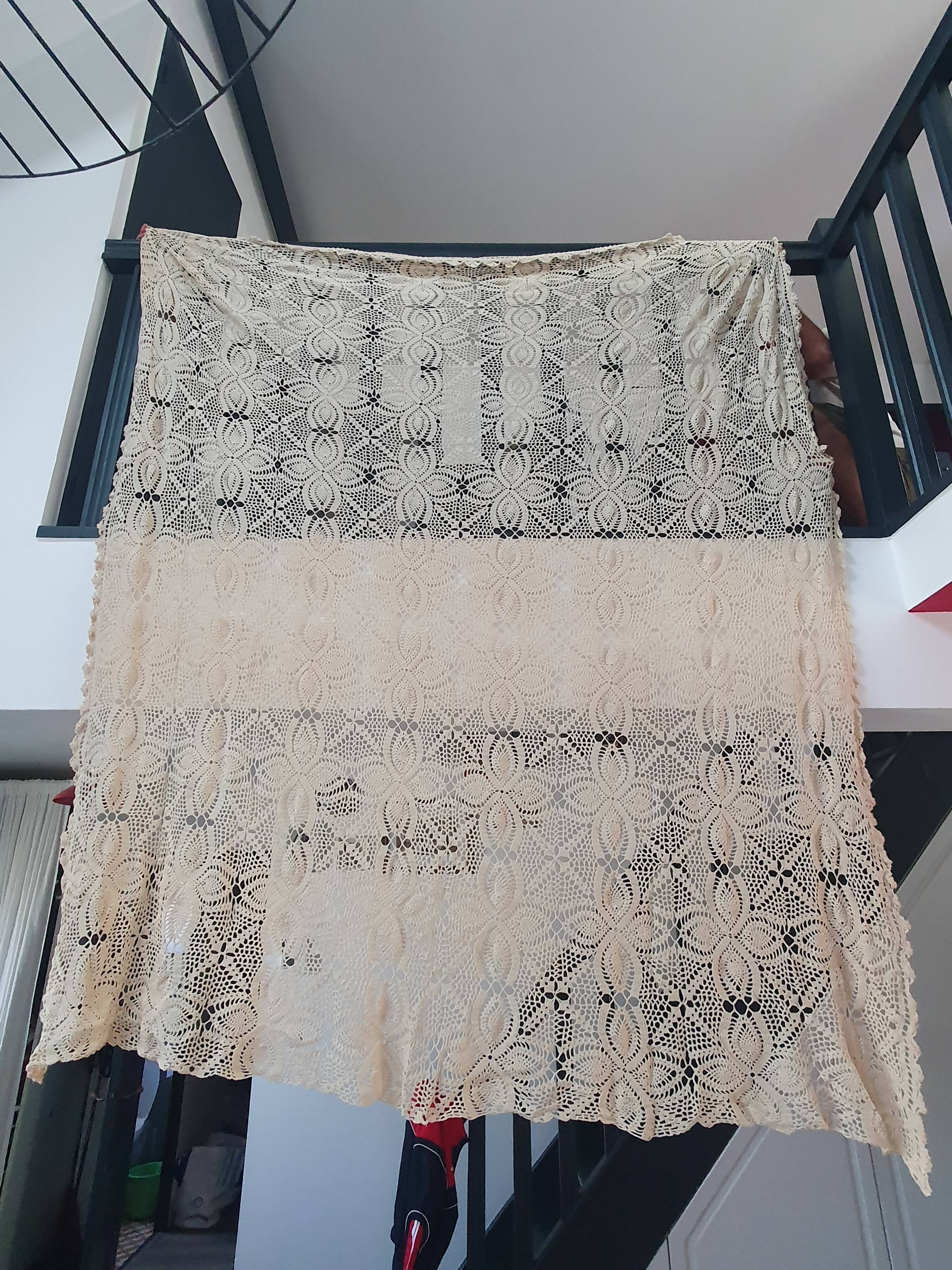 vintage crochet plaid blanket 236cm by 170cm beige color