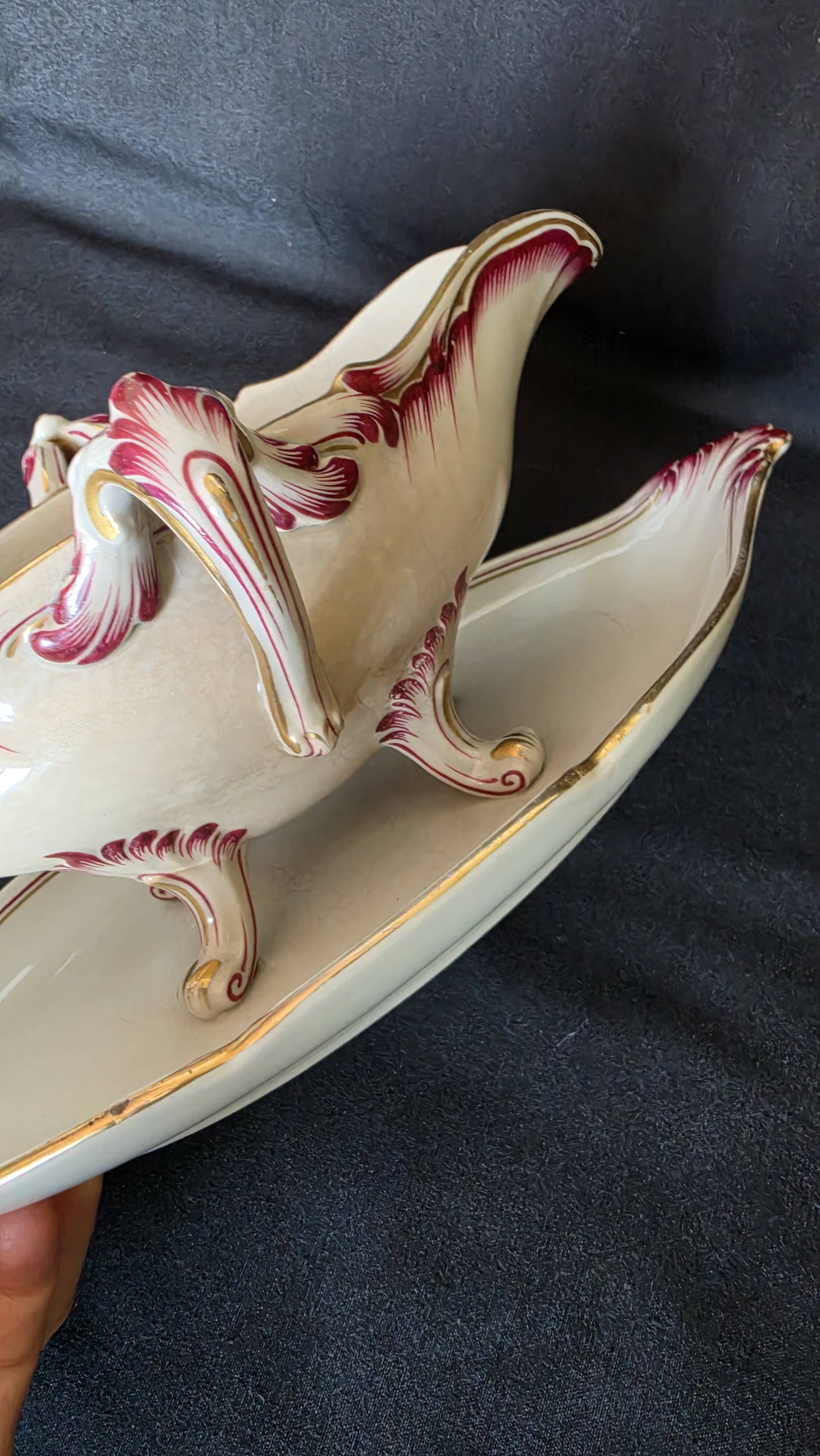 Antique sauce boat in fine earthenware from Sarreguemines, France, neo style.