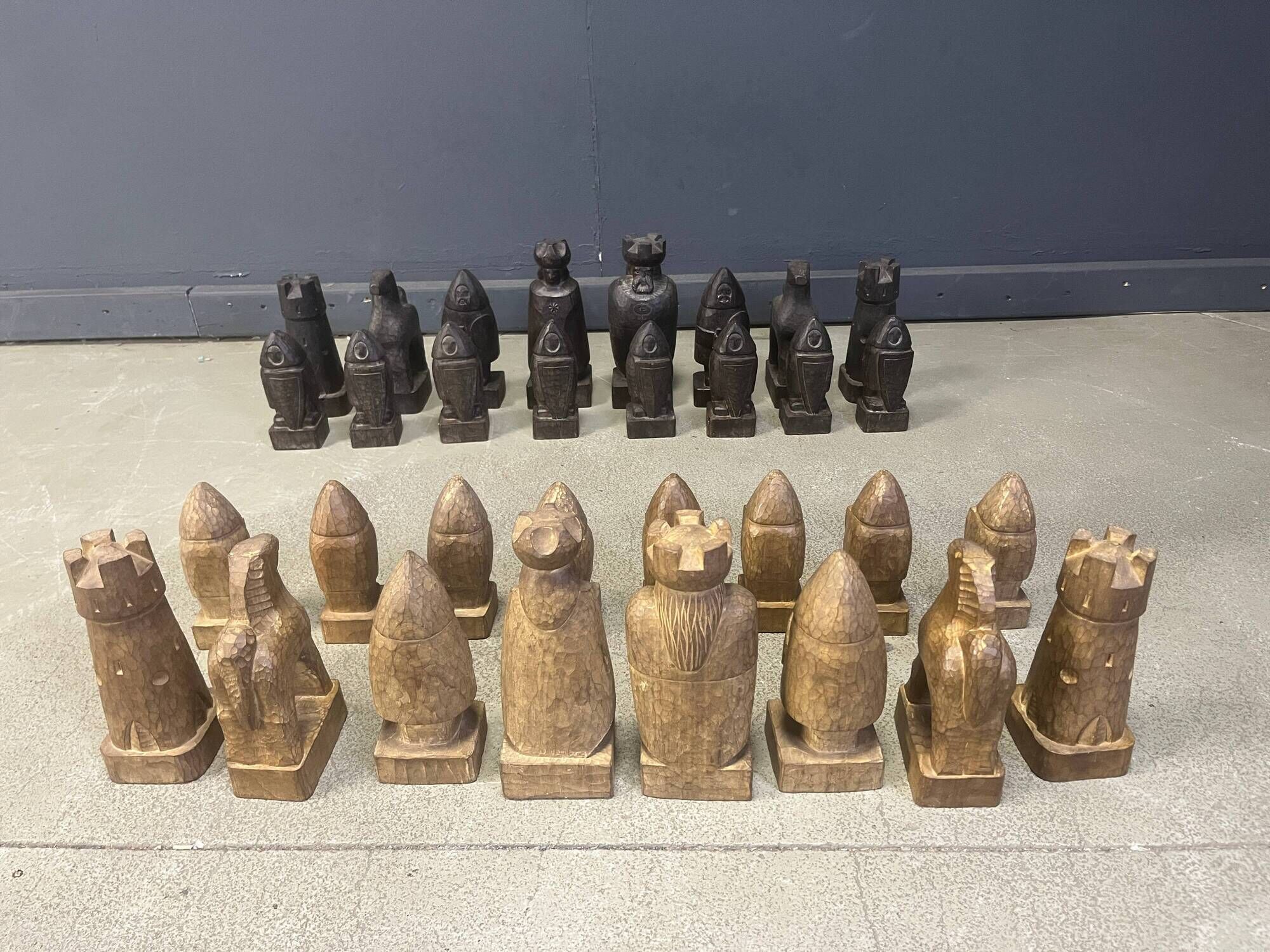 Large hand crafted wooden chess figure set, 1960s