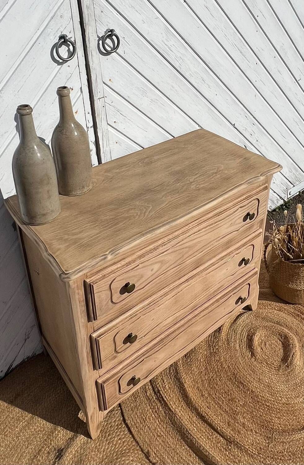 Antique chest of drawers in raw oak with 3 drawers - compass feet