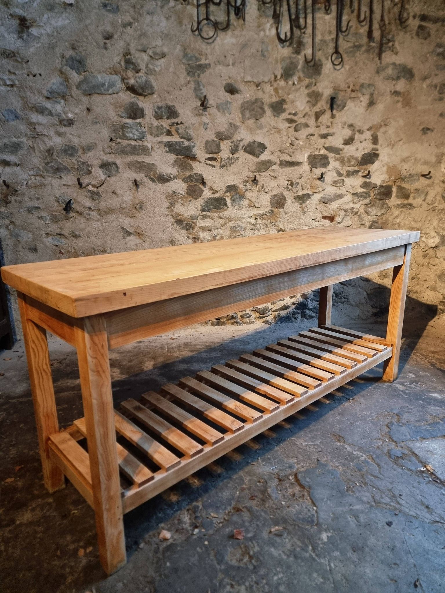 Old French baker's table – kitchen island / work table in solid chestnut with drawers.