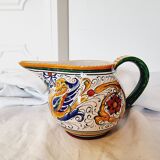 Majolica ceramic jug by R. Deruta, Italy, hand-painted, with a long spout.  Decorated with a dragon tree