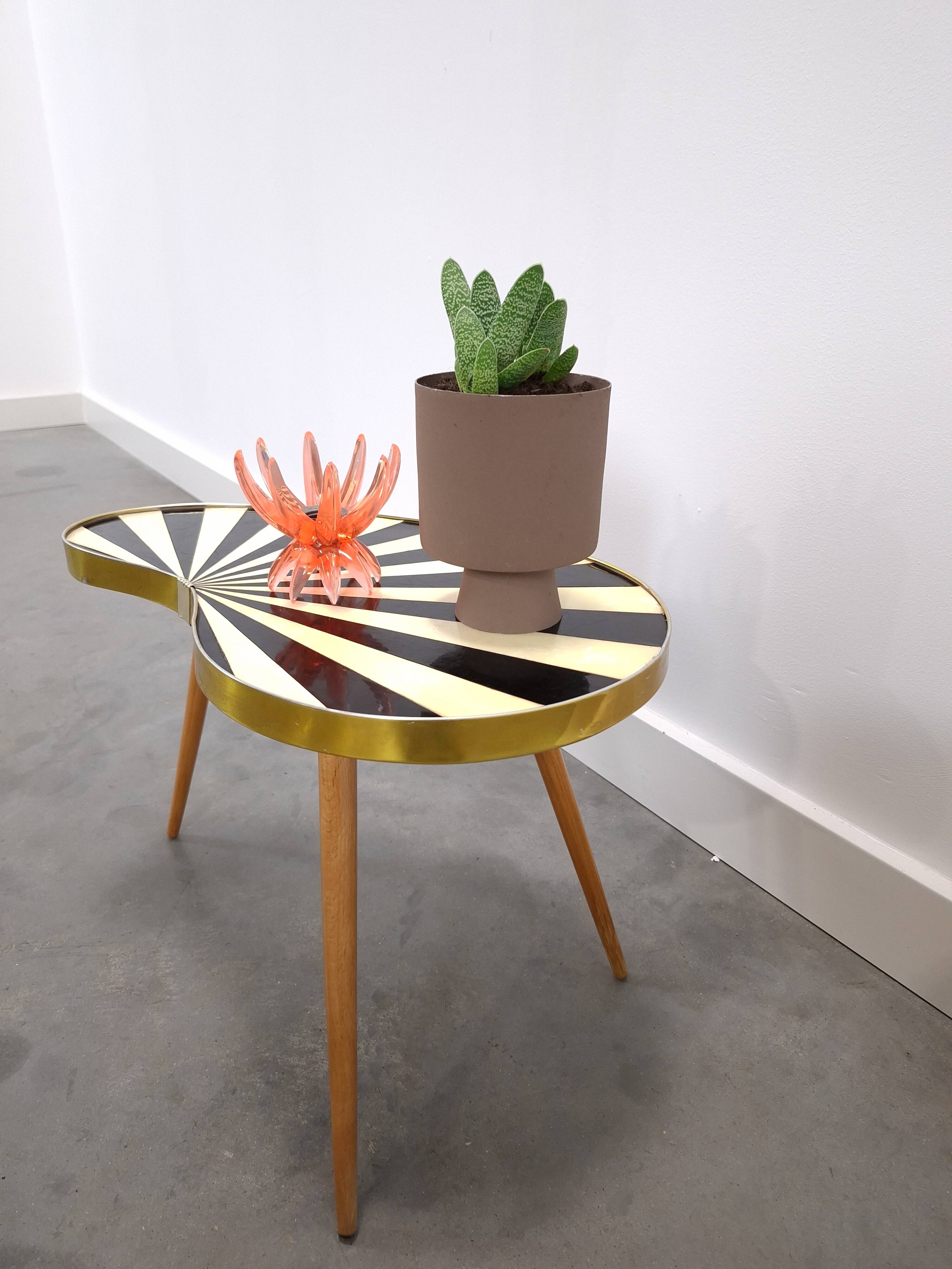 1950s kidney-shaped black and white table, plant table.