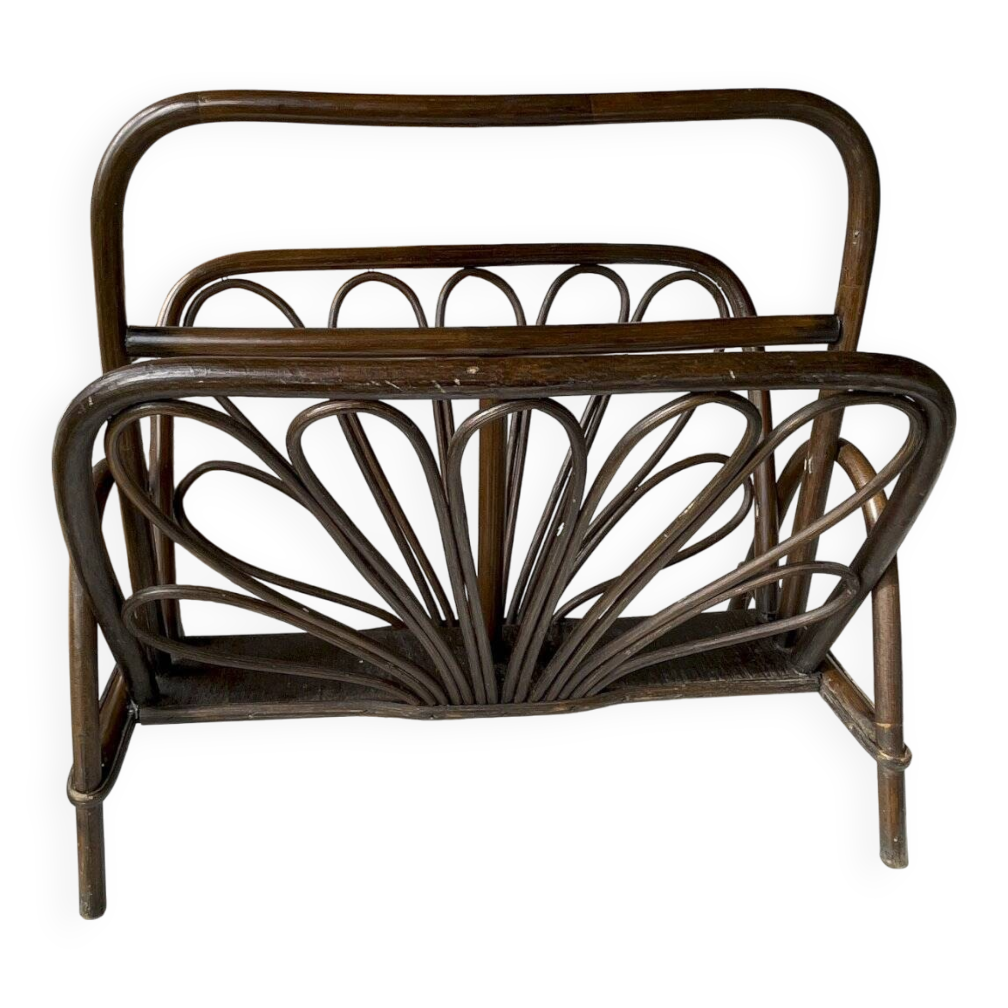 Vintage turned wood and rattan magazine rack