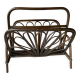Vintage turned wood and rattan magazine rack