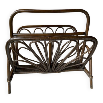 Vintage turned wood and rattan magazine rack