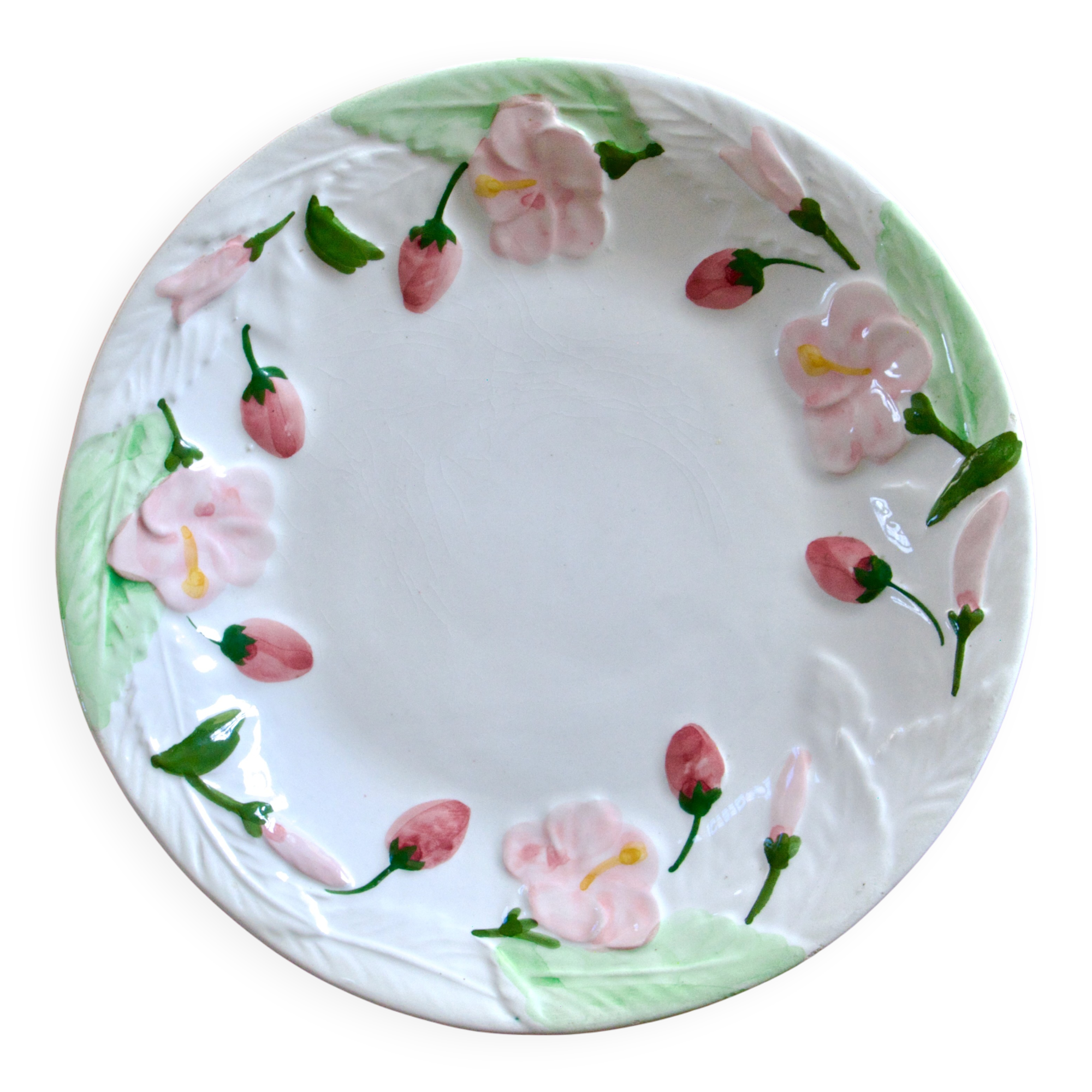Vintage Portuguese earthenware dish with strawberries and pink flowers